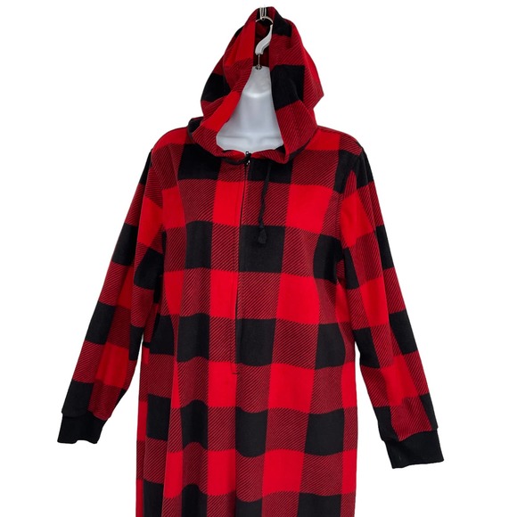 Old Navy Women's XL One-Piece Hooded Pajama Black Red Plaid Flannel Zip Front - Picture 2 of 13